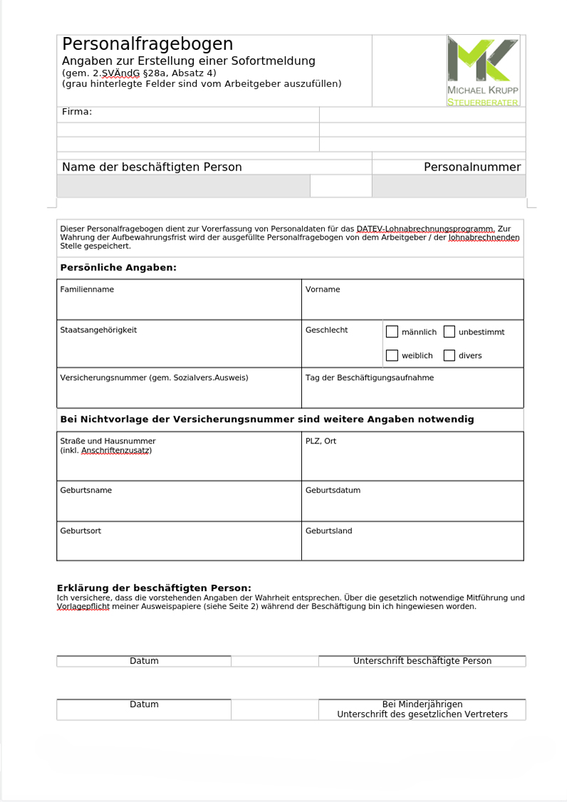 Personalfragebogen für Sofortmeldung