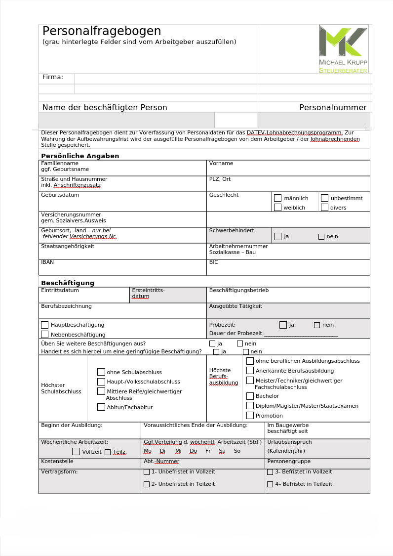 Personalfragebogen neuer Mitarbeiter