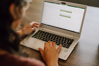 Eine Person arbeitet am Laptop an einer Finanzsoftware – Digitale Buchführung und präzise Datenverwaltung.