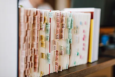 Mehrere gut organisierte Aktenordner in einem Regal – Systematische Dokumentenverwaltung und akkurate Buchhaltung.