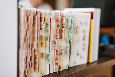 Mehrere gut organisierte Aktenordner in einem Regal – Systematische Dokumentenverwaltung und akkurate Buchhaltung.