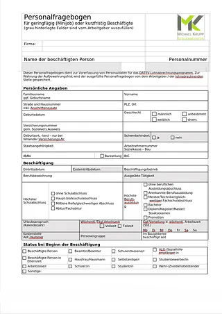 Personalfragebogen Minijob